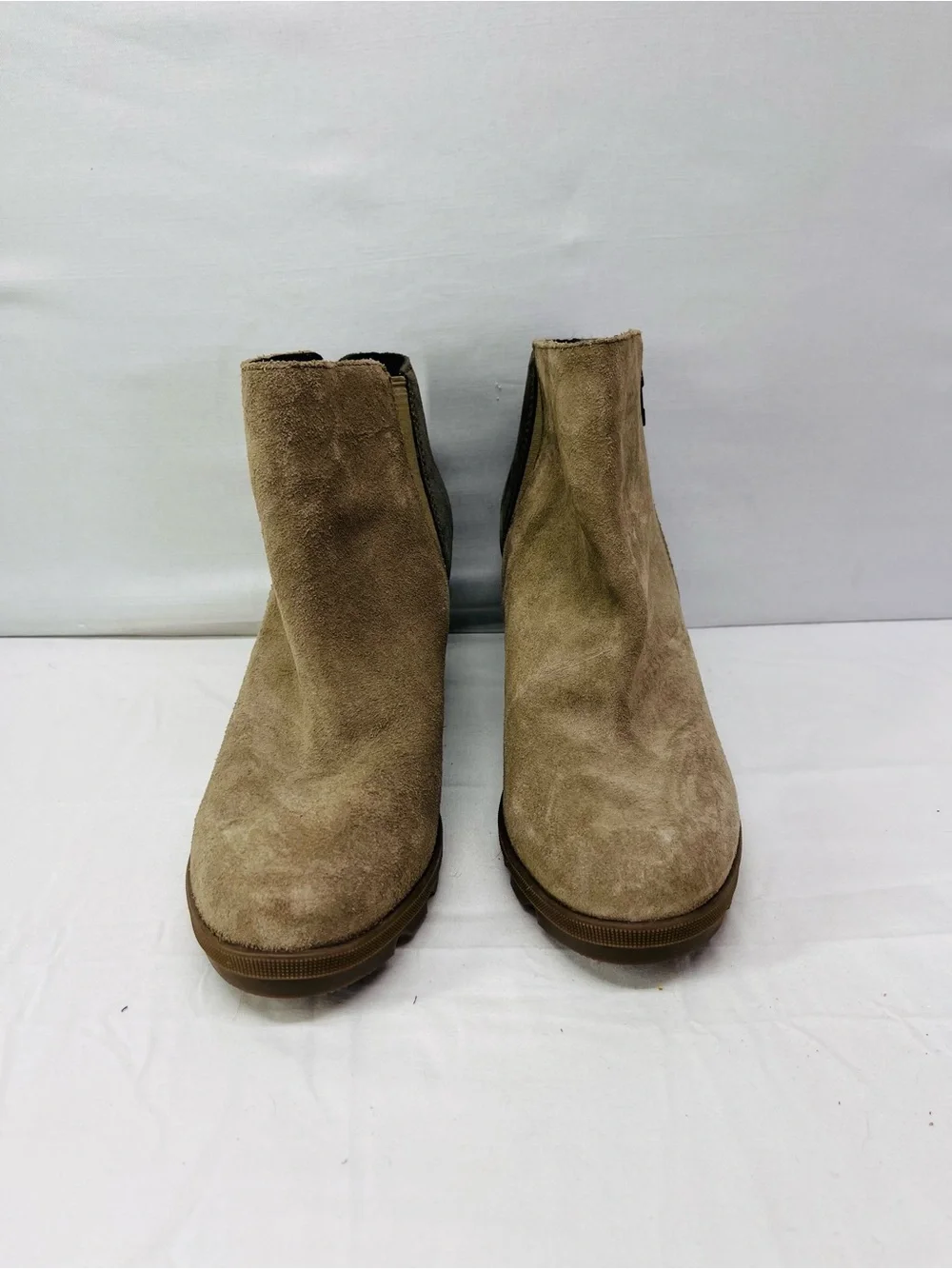 Sorel Taupe and Dark Taupe Suede Wedge Ankle Booties